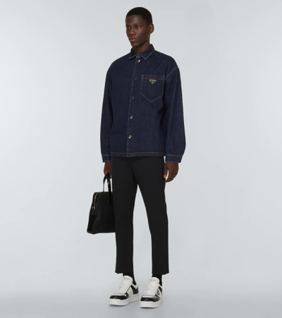 Shop Prada Logo Denim Shirt In Blue