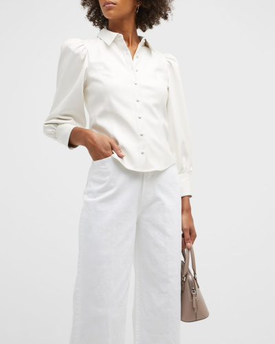 Shop Alice And Olivia Nadine Puff-sleeve Vegan Leather Blouse In Off White