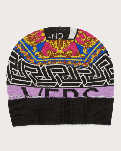 Shop Versace Logo Knit Beanie In Black