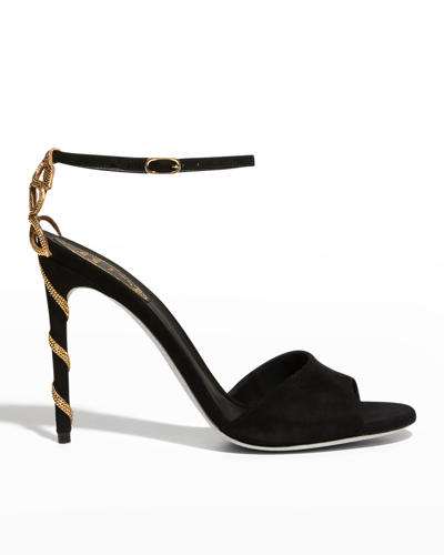 Shop René Caovilla Satin Embellished Snake Sandals In Black Aurum Gold