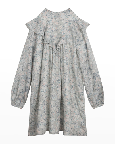 Shop Chloé Girl's Floral-print Twill Dress In 690-jade