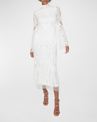 Shop Galvan Borghese Lace Turtleneck Backless Midi Dress In Off White