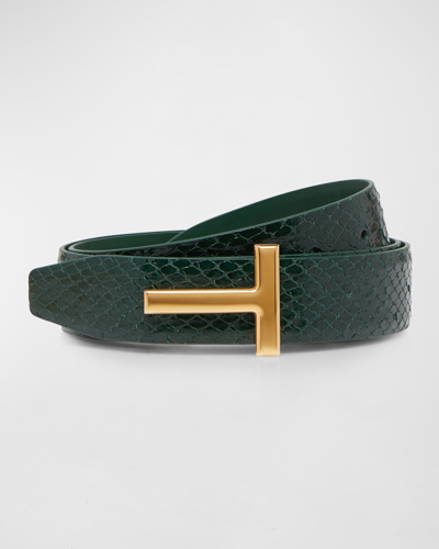 Shop Tom Ford T Buckle Python Embossed Smooth Leather Belt In Emerald Green