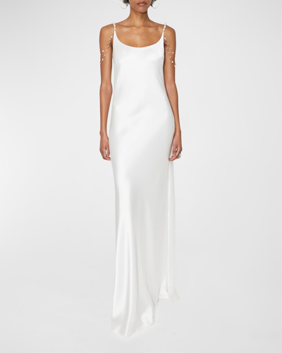 Shop Galvan Off-the-shoulder Beaded-chain Open-back Satin Gown In White