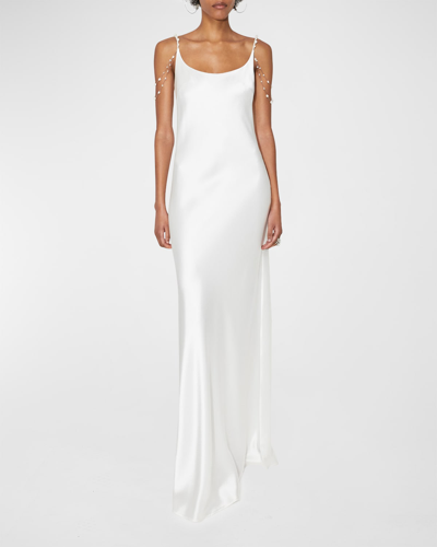 Galvan Off-the-shoulder Beaded-chain Open-back Satin Gown In White