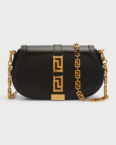 Shop Versace Greca Goddess Medium Leather Shoulder Bag In Black/gold