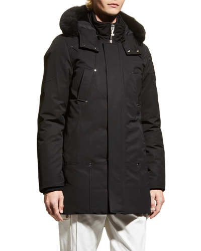 Shop Moose Knuckles Men's Stirling Padded Shearling-trim Parka In Blk Wblk Sh