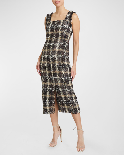 Shop Santorelli Faye Tweed Fringe Midi Dress In Cedar Brown