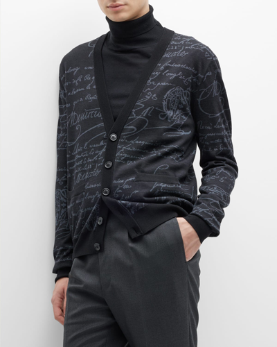 Shop Berluti Men's Scritto Wool Cardigan Sweater In Noir