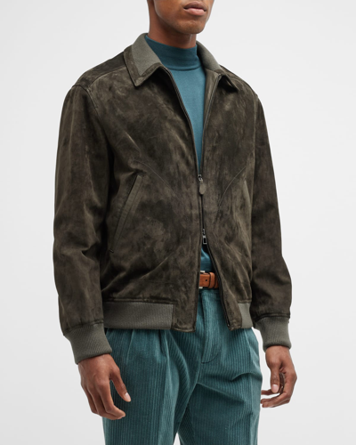 Shop Loro Piana Men's Kent Suede-leather Bomber Jacket In Army Green