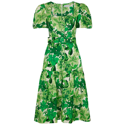 Shop Rebecca Vallance Marguerita Floral-print Linen-blend Midi Dress In Green