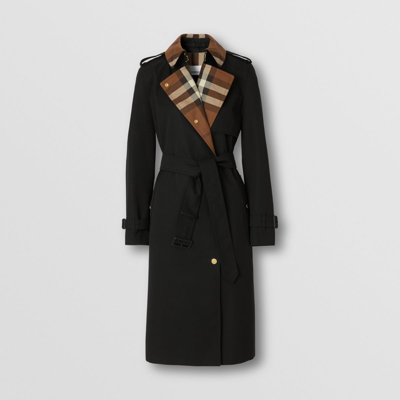 Shop Burberry Long Check Collar Gabardine Trench Coat In Black