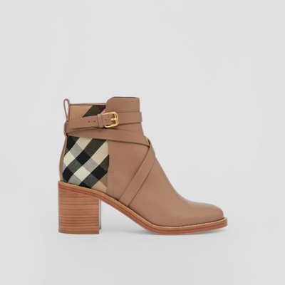 Shop Burberry House Check And Leather Ankle Boots In Wheat