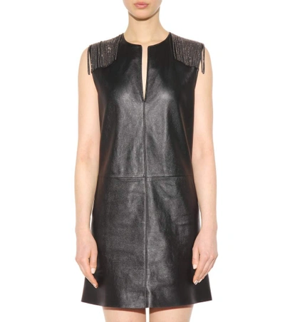 Shop Saint Laurent Embellished Leather Minidress In Eero