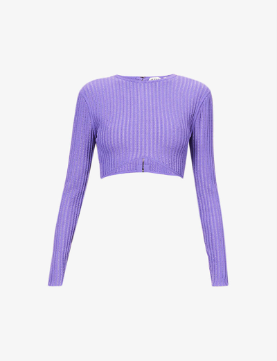 Shop Herve Leger Cropped Metallic Ribbed-knit Recycled Viscose-blend Top In Ultraviolet