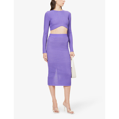 Shop Herve Leger Cropped Metallic Ribbed-knit Recycled Viscose-blend Top In Ultraviolet