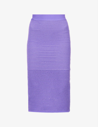 Shop Herve Leger Metallic Ribbed-knit Recycled Viscose-blend Midi Skirt In Ultraviolet