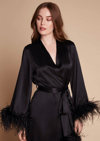 Shop Gilda & Pearl Camille Silk And Feather Long Robe In Black