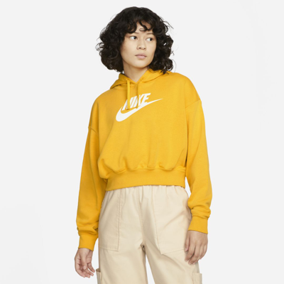 Shop Nike Sportswear Club Fleece Women's Oversized Crop Graphic Hoodie In Yellow Ochre,white
