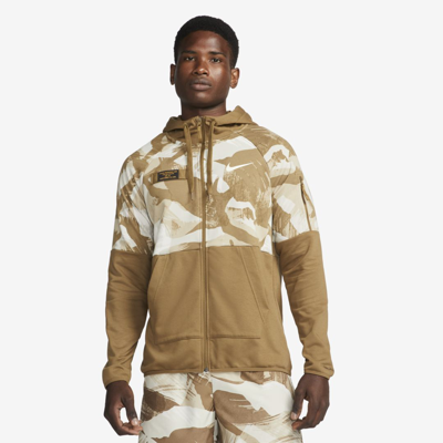Shop Nike Men's Dri-fit Fleece Full-zip Camo Fitness Hoodie In Brown