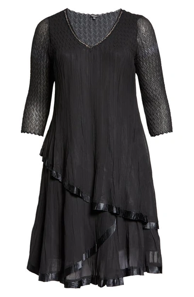 Shop Komarov Beaded V-neck Tiered Charmeuse Cocktail Dress In Black