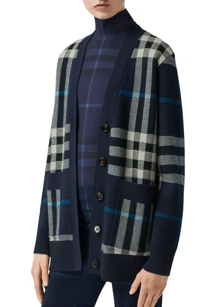 Shop Burberry Willah Check Wool & Cashmere Cardigan In Dark Charcoal Blue