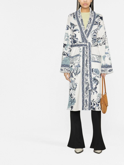 Shop Etro Floral-embroidered Long Cardi-coat In Weiss