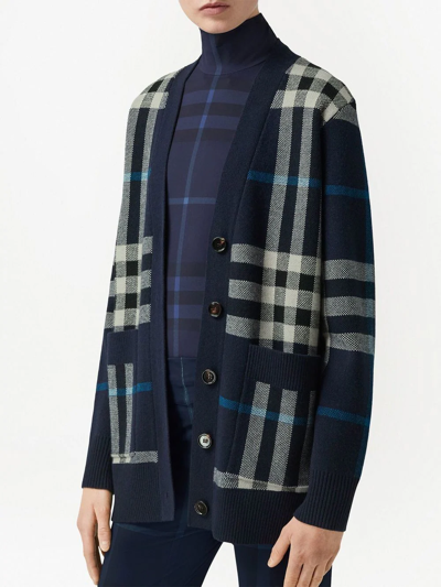 Shop Burberry Cashmere-blend Check Cardigan In Blue