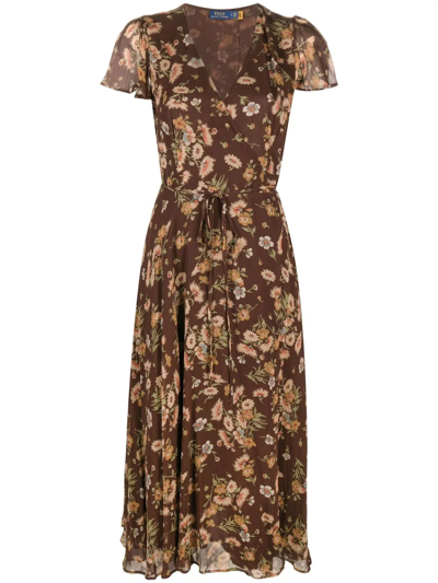 Shop Polo Ralph Lauren Ditsy-sunflower Midi-dress In Braun