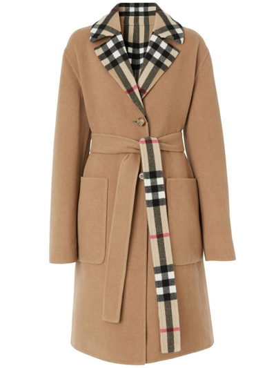 Shop Burberry Reversible Check Wool Coat In Neutrals