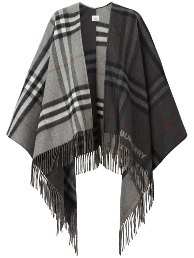 Shop Burberry Contrast Check Cape In Grey