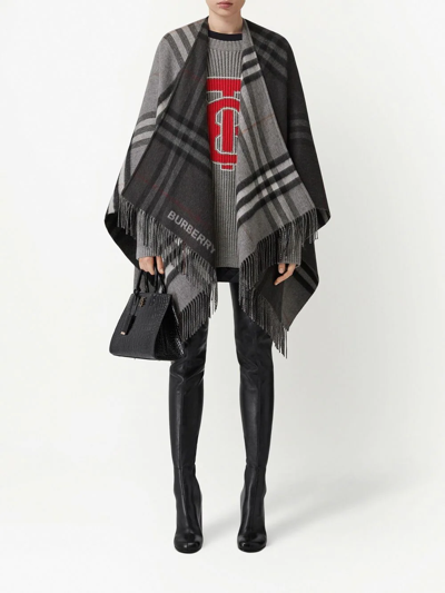 Shop Burberry Contrast Check Cape In Grey