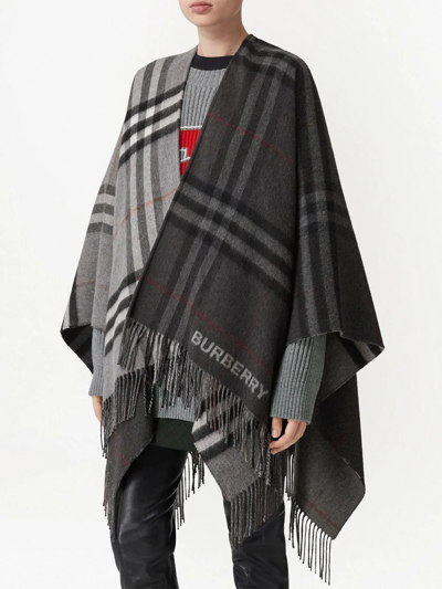 Shop Burberry Contrast Check Cape In Grey