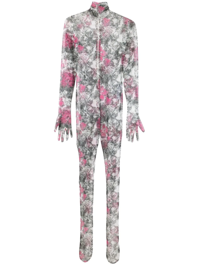 Shuting Qiu Floral-print Semi-sheer Jumpsuit In Schwarz
