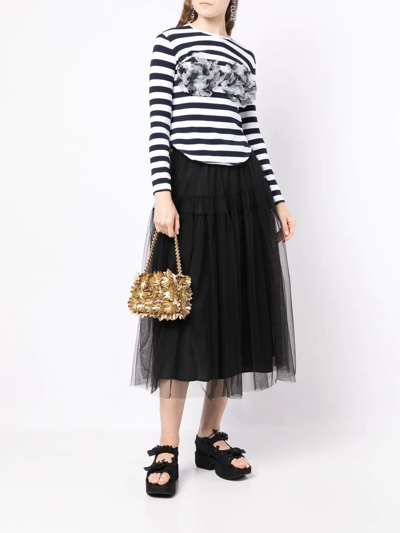 Pushbutton Ruffle Striped Top In Blau