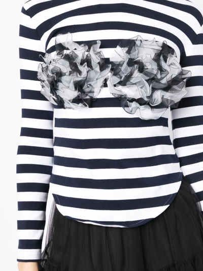 Pushbutton Ruffle Striped Top In Blau