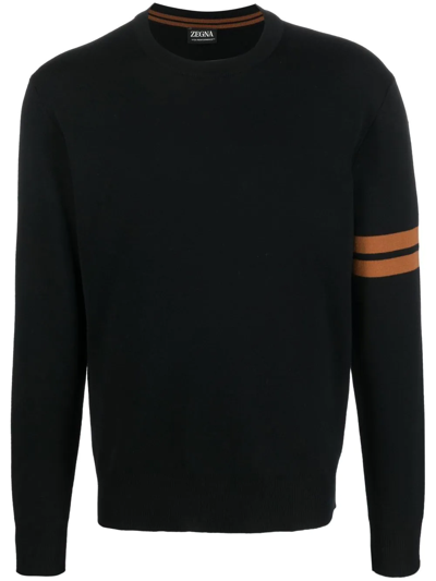 Zegna Crewneck Sweater With Ribbed Cuffs And Hem In Black