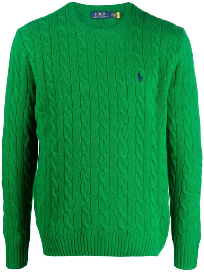 Shop Polo Ralph Lauren Logo-embroidered Cable-knit Jumper In Grün