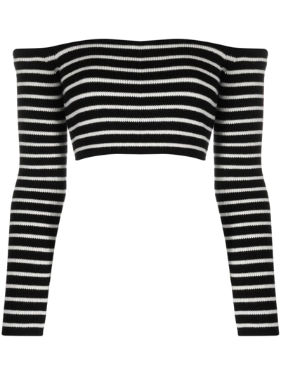Shop Saint Laurent Off-shoulder Striped Knitted Top In Schwarz