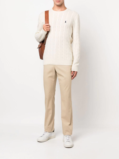 Shop Polo Ralph Lauren Logo-embroidered Cable-knit Jumper In Nude