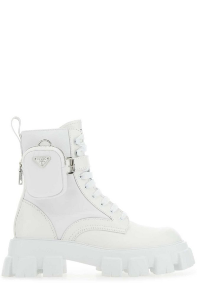 Shop Prada Monolith Pouch Strapped Ankle Boots In White