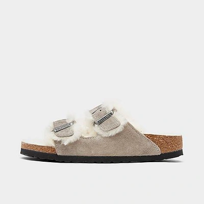 Shop Birkenstock Women's Arizona Shearling Suede Leather Sandals In Stone Coin