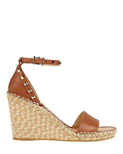 Shop Valentino Rockstud Espadrille Wedge Sandals In Brown