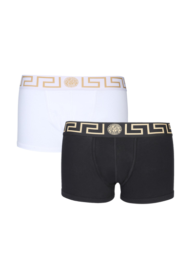Versace Two-pack Greca Border Long Boxer Trunks In White/blue