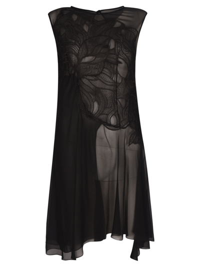 Shop Alberta Ferretti Asymmetric Sleeveless Lace Paneled Dress In Black