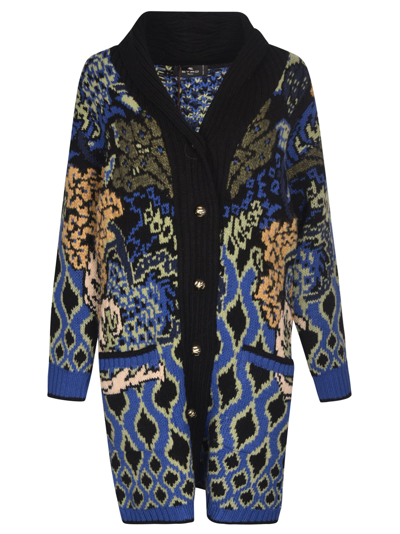 Shop Etro Jacquard Knit Coat In Blue/black