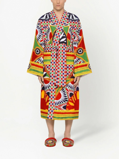 Shop Dolce & Gabbana Graphic-print Long Sleeve Bathrobe In Yellow