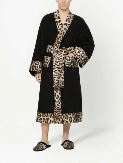 Shop Dolce & Gabbana Leopard Print-trim Bathrobe In Black