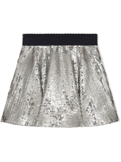 Shop Dolce & Gabbana Logo-waistband Sequinned Midi-skirt In Silver