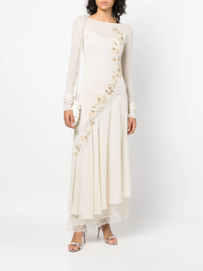 Pre-owned A.n.g.e.l.o. Vintage Cult 1990s Floral-embroidered Layered Silk Dress In Neutrals